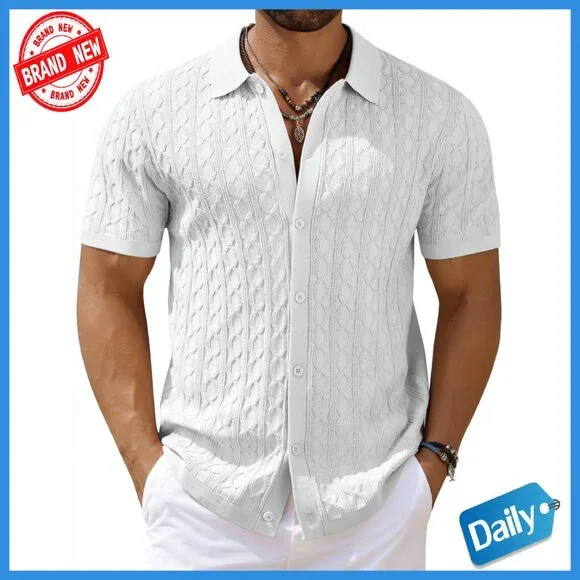 Men's Knit Short Sleeve Button Down Polo Shirt Vintage Cable Casual - Picture 1 of 8